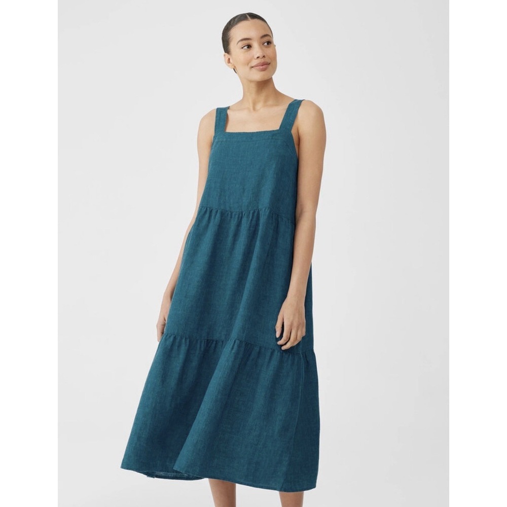 Eileen Fisher Washed Organic Linen Delave Tiered Reef Dress Size XS Minimalist - Picture 3 of 12